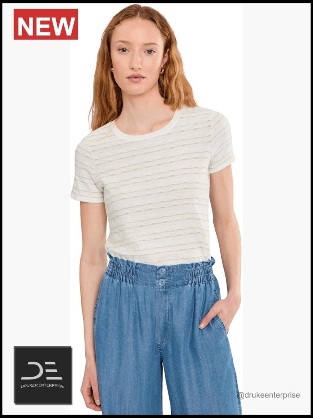 Petite Short Sleeve Crew Neck Knit Tee with Rib Trim